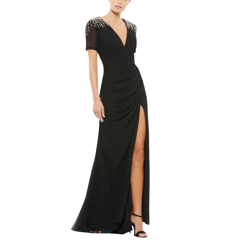Mac Duggal 55704 Black Evening Gown Beaded Chiffon Formal Column Dress Size 6